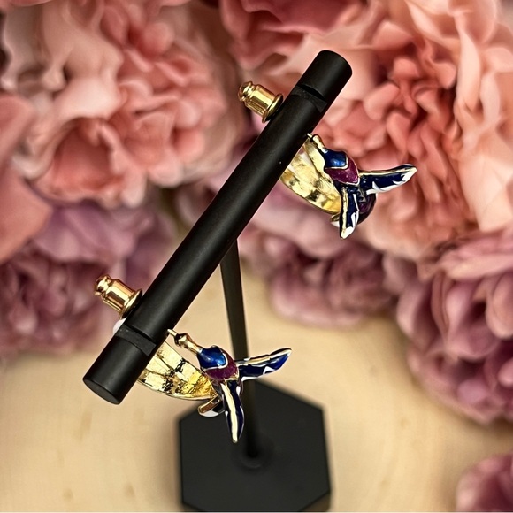 Whimsical Hand Painted Blue and Purple Birds of Paradise Hoop Earrings - Picture 9 of 16